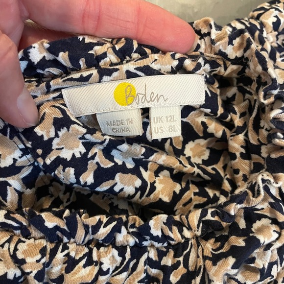 Boden Navy Floral Puff Sleeve Ruffled Yoke Jersey Dress Pockets US 8L UK 12L - Picture 6 of 8
